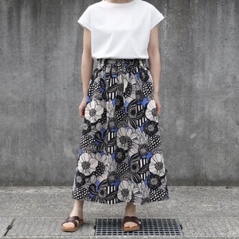 ノルディック調フラワー　綿麻ギャザースカート（ブルー フラワー）リネン 麻 ロング マキシ ポケット