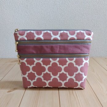 4段ファスナーポーチ+ポケット　モロッカン柄　20cmバッグインバッグ　ピンク×グレー　　801