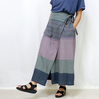 手織り綿のお洒落な巻きパンツスカート、ブルー＆パープルミックスの画像