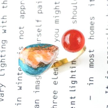 【私だけのリング A】一点物 天然石 ターコイズ フリーサイズ リング 指輪 フォークリング ギフト 青 オレンジの画像