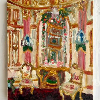 原画「陶器の装飾が施された鏡台のある部屋」F3・油彩画の画像