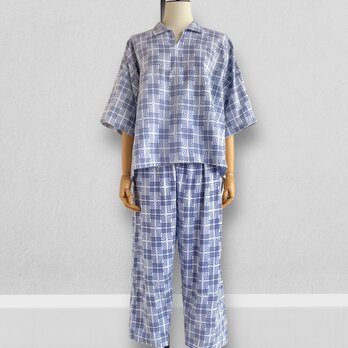 オープンカラーシャツ　イージーパンツ　セットアップ【送料込み】浴衣リメイク　ブルーの画像