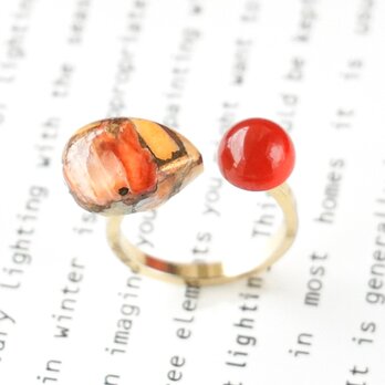 【私だけのリング C】一点物 天然石 ターコイズ フリーサイズ リング 指輪 フォークリング ギフト 赤 オレンジの画像