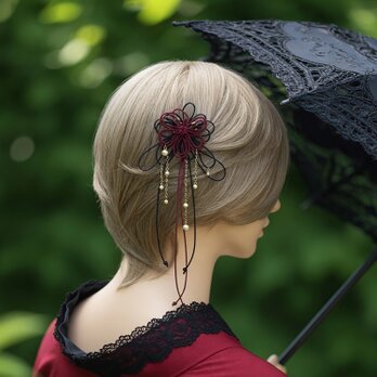 飾り結びヘアコーム（小）「爛、其レハ」（臙脂×黒）【軽量で簡単和装ヘア】浴衣・着物・七五三や成人式に。