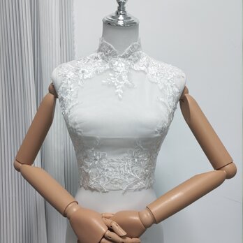 ボレロ フレンチスリーブ ノースリーブ くるみボタン 咲き誇る透け花レース 花嫁/ウェディングドレスの画像