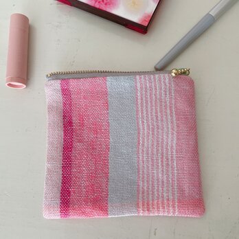 ＊手織り＊かわいいピンクのリネンフラットミニポーチの画像