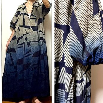 藍×ベンガラ　浴衣のパフスリーブワンピース　着物リメイクの画像