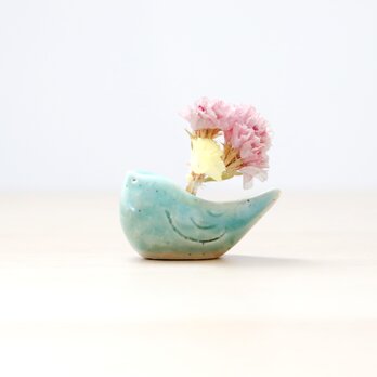 小鳥の花挿しオブジェ トルコブルー ＊ ドライフラワー付き