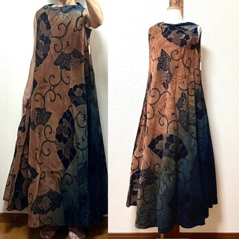 藍×柿渋染め　浴衣のフレアードレス　着物リメイクの画像