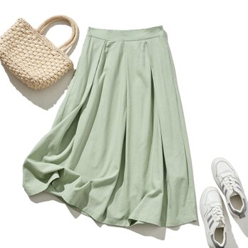 ふわり、ひらり、美しいドレープを描く美形スカート　コットンリネンスカート　ロングスカート 　薄緑色　210807-5の画像