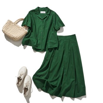 お得な2点セット　コットンリネン開襟シャツ＋裏地付スカート深みのある美しい暗緑色　220511-4 210807-4の画像