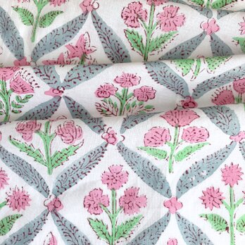 インド ブロックプリント生地 [45cm単位] クラシカルフラワーピンク IF0013 ファブリック 花