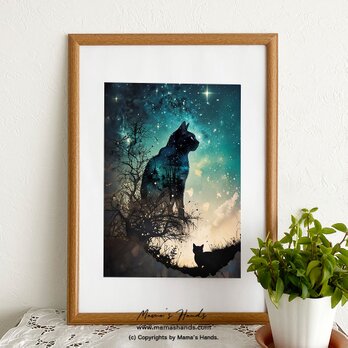 A4 ポスター 自然と融合した黒猫と夜空の神秘的なスピリチュアル 宇宙 イラストアートの画像