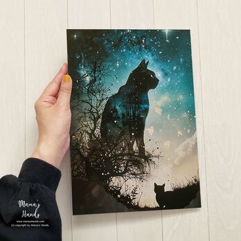 A4 ポスター 自然と融合した黒猫と夜空の神秘的なスピリチュアル 宇宙 イラストアートの画像