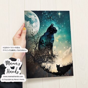A4 ポスター 自然と融合した黒猫と月夜の神秘的なスピリチュアル 宇宙 ネコ ねこ イラストアートの画像