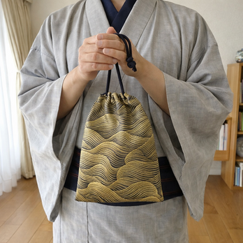 合切袋　正絹（シルク）紺色地製　「波　金泥ぼかし」　龍文様　