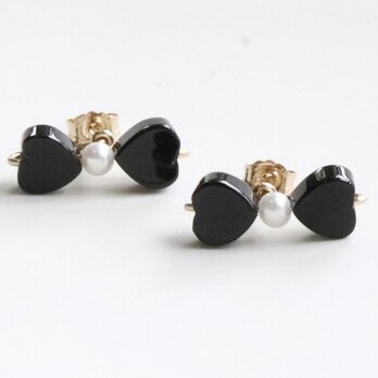 漆黒ブラックトルマリン×淡水パール 大人リボンの小粒スタッドピアス｜14Kgf｜Ribbon bows