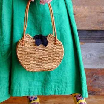 ネコミミが可愛い♪茶トラのモチーフかごバッグ☆バリ島 アタバッグ ハンドバッグ かご　着物　猫　ねこ