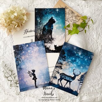 銀河宇宙の夜空と 妖精 黒 猫 鹿 イラスト アート ３枚 ハガキ ポストカード セットの画像
