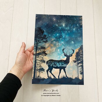 A4 ポスター アウトドア 自然と融合した鹿と夜空の神秘的な 宇宙 イラスト アートの画像