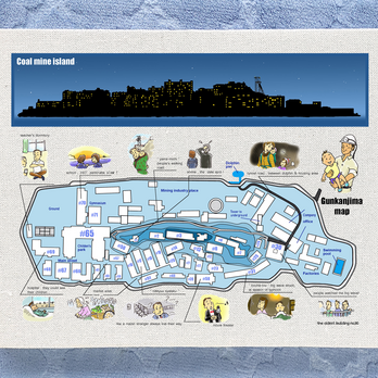 ファブリックパネル 軍艦島の地図と生活 A4サイズ ハンドクラフトの画像