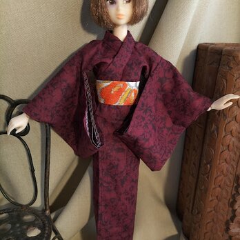 momoko用　浴衣と帯（エンジ色に全体花柄）の画像