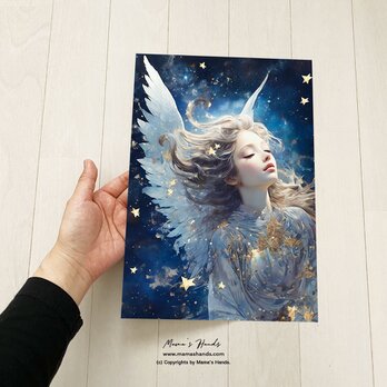 A4 ポスター 夢見る天使と星のスピリチュアル 宇宙 イラスト アートの画像