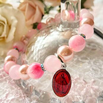 ■お試し価格■マリアさまメダイ付き■やさしいパステルピンクの天然石ブレスレットの画像