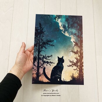 A4 ポスター 猫と夜空の神秘的な 宇宙 イラストアートの画像
