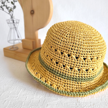 コットンラフィア 麦わら風 夏の帽子 黄色 手編み 陽射し対策 日よけ M ナチュラル 軽い 再生繊維の画像