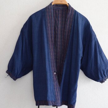 野良着 藍染 格子模様 木綿 着物 古布 ジャパンヴィンテージ リメイク素材 昭和 上っ張りの画像