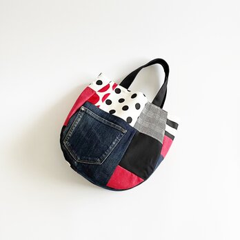 デニムのパッチワークバッグ 黒×赤 ドット チェック  ボーダー モノトーン A4