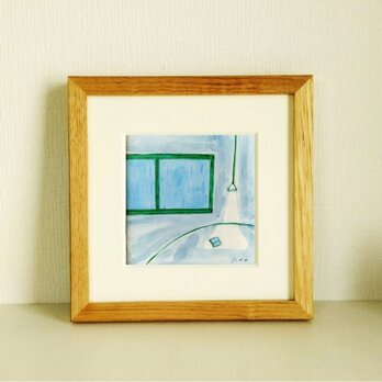 穏やかな気持ちになる青い絵画｜原画「雨の日」※18角額縁入り(18×18㎝フレーム）　水彩・ドローイングの画像