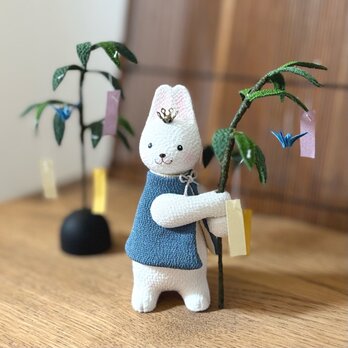 七夕飾り【福福うさぎ 　七夕笹飾りセット】正絹縮緬人形　夏　コンパクト　置物　季節飾り　ちりめんの画像