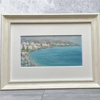 青い地中海(油絵、風景画、スペイン、額付き)の画像