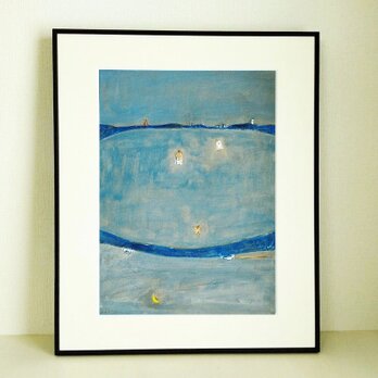 原画｜イラスト｜風景画「夜の原っぱ」※額縁入り（四つ切サイズ）水彩｜一点物
