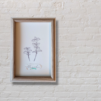 【ポストカードsize バジル 水彩】 一点物 植物 ボタニカル 花 インテリア アート モダン ハーブ 木製の画像