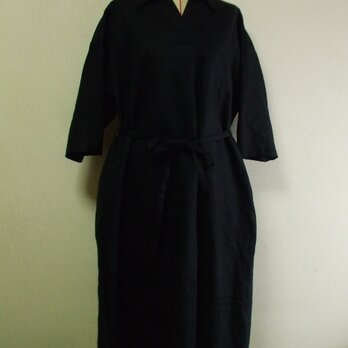 麻１００％ 黒×後ろグラデーションカラー スキッパー衿 Aラインシルエット７分丈袖ワンピース M~LLサイズの画像