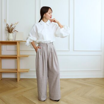 【洗える】プリーツタック ワイドパンツ  後ろウエストゴム 　【3サイズ】  ベージュ　0635BEの画像