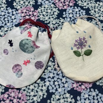 刺繍の丸底ポーチ☆紫陽花の画像