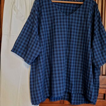 コットン100% 播州織り　紺×藍色チェック　オーバーサイズ　Vネック　５分袖プルオーバー　S～6Lの画像