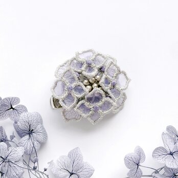 2way 紫陽花刺繍ブローチ・クリップ(シルバー)【受注制作】の画像