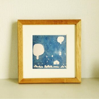 静かな気持ちになる絵｜原画「夜の雨の音」水彩イラスト　※木製額縁入りの画像