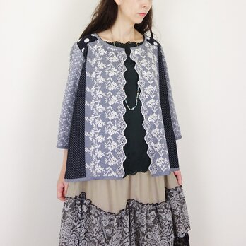 スカラップ刺繍ドット大小リネン切替羽織りカーディガンの画像