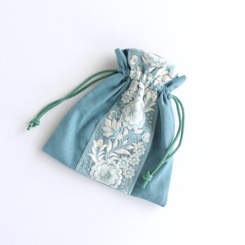 インド刺繍リボンの巾着ポーチ  　青緑