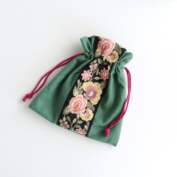 インド刺繍リボン リネン フラットポーチ パッチワーク インド刺繍リボン リネン フラットポーチ パッチワーク