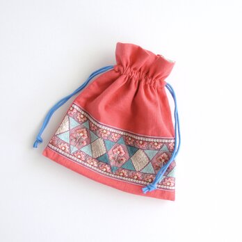 インド刺繍リボンの巾着ポーチ  　ポピーレッド