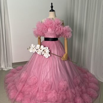 美品！パーティードレス ピンク オフショルダー 花モチーフ ベルト ハンドビーディング 前撮りの画像