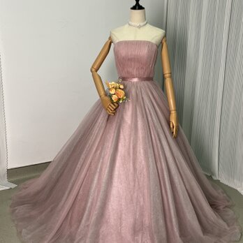 上品！カラードレス ピンク ベアトップ キラキラグリッターチュール 編み上げ 披露宴の画像