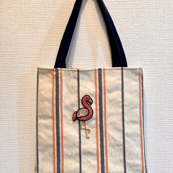 ビーズ刺繍のミニトートバッグ☆フラミンゴの画像